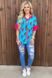 Western turquoise flash print fuchsia ruffle short sleeve women's boutique top YMY8795 (ES12)