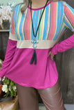 BQ8212 Fuchsia/tan serape printed color block long sleeve top  (ES6)