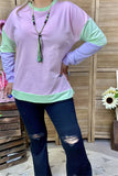 BQ15555 Mint/purple/pink solid color printed long sleeve women tops w/side splits FS4