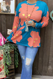 BQ15645 Coral/yellow floral printed long sleeve teal women tops