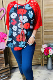 GJQ15398 Multi color floral printed red lace short sleeve w/raglan design women  tops