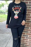 DLH10321-1 "Merry Christmas"words& reindeer w/ornaments multi color printed women black t-shirt w/long sleeve HS3