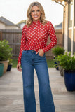 Western polka dots red sheer women's boutique top Southern Stitch XCH17447 (IS7)