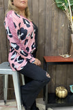 XCH14656 Half big leopard&block solid color black printed w/pink side sequin long sleeve women tops w/v-neckline