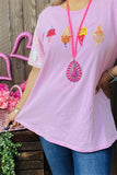 DLH13632 Ice cream embroider patch pink women t-shirt with sequin short sleeve ( IS7)