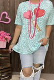 XCH14650 Mint leopard & red hearts printed short sleeve women top