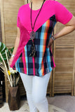 FW10361 Checked multi color printed solid fuchsia w/side red sequin women top( CS6)