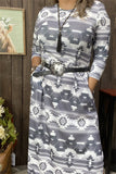 GJQ15566 Aztec gray printed 3/4 sleeve two sides split w/sides pockets women long dresses