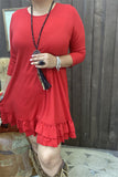 GJQ15500 Red solid color 3/4 sleeve double ruffle bottom w/side pockets women dresses