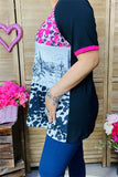 XCH14677 Leopard & riding horse & Cow multi color printed black block short sleeve women tops (DS3)
