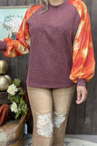 SP7924 W/orange tie dye bubble long sleeves burgundy body color knitted women top w/raglan design(FS12)