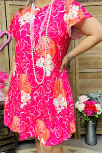 GJQ15841 Big floral multi color printed short sleeve w/ruffle women fuchsia dress w/side pockets
