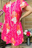 GJQ15841 Big floral multi color printed short sleeve w/ruffle women fuchsia dress w/side pockets