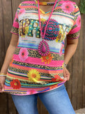 PRAY serape leopard multi-color printed short sleeves women top XCH13042