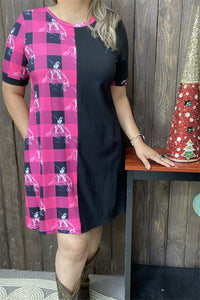 XCH14543 Half pink plaid & Cowboy horse rider black short sleeve dress IS10