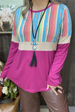 BQ8212 Fuchsia/tan serape printed color block long sleeve top  (ES6)