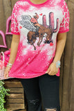 XCH14568 Cowboy riding horse w/hearts&cactus multi color printed short sleeves fuchsia women top