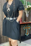 BQ15589 Black  bubble short sleeve w/pearl women dress w/side pockets