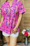 GJQ15843 Yellow floral multi color printed short sleeve V-neckline women tops w/side slits
