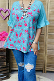 XCH15822 Fuchsia&white small floral printed short sleeve w/ruffle women mint tops