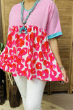 XCH14773 Fuchsia Leopard printed pink color block short sleeve baby doll women blouse/top (DS6)