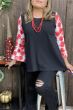 XCH15463 Red floral printed 3/4 bell sleeve black solid body color women tops