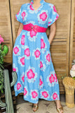XCH15912 Fuchsia multi color floral printed short sleeve w/double trim long women blue dress w/side pockets