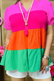 GJQ15876 Pink/orange/fuchsia/green color baby doll women top w/short sleeve &elastic band and buttons