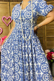 BQ15873 Blue circle graphic printed short sleeve women dress w/side pockets &waist elastic band