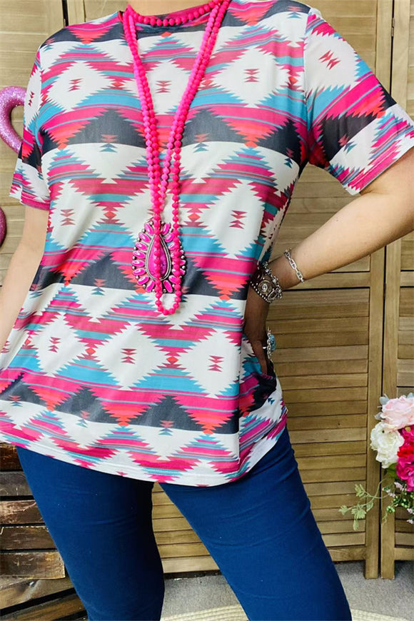 XCH15689 Teal/fuchsia Aztec multi color printed short sleeve women tighten top