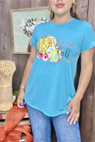 DLH7951 LOVE FALL Turquoise pumpkin multi color printed short sleeve women tops( IS4)