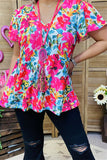 GJQ15837 Fuchsia&teal multi color printed short bell sleeve women tops w/V-neckline