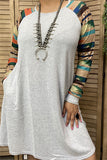 YMY11774 Grey dress w/multi color aztec printed long sleeves w/side pockets (BS5 )