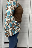 GJQ13708 Turquoise&brown printed bell/ruffle long sleeve brown body raglan women tops (FS3)