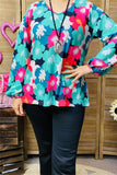 XCH15700 Turquoise/Teal multi color floral printed long sleeve w/elastic cuff women tops