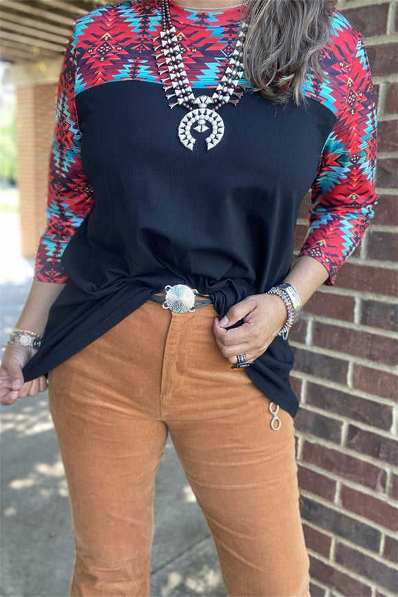Aztec multi color printed 3/4 sleeve black block solid color women tops XCH15543