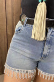 DLH13759 Washed blue denim women shorts w/rhinestone fringe