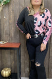 XCH14656 Half big leopard&block solid color black printed w/pink side sequin long sleeve women tops w/v-neckline