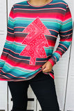 XCH14175 Colorful striped w/red center tree printed long tighten sleeve women tops HS3