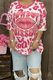 XCH14626 COWBOY KISSER LIPS fuchsia leopard short sleeve women T-shirt