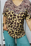 XCH14421  Floral and brown leopard printed short sleeve women tops(BS8