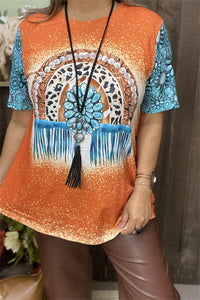 XCH14061 Turquoise jewel & leopard printed orange women t-shirt(BS9)