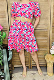 GJQ16005 Fuchsia floral multi color printed short sleeve w/elastic band women dress w/side pockets