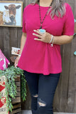 GJQ15567 Fuchsia solid color short sleeve women tops