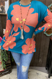 BQ15645 Coral/yellow floral printed long sleeve teal women tops