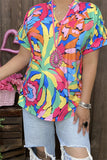 GJQ15636 Teal/mint/orange multi color printed short sleeve women top w/V-neckline