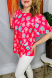 BQ15248 Coral&mint multi color circle graphic printed short bell sleeve women fuchsia tops