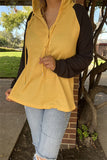 BQ15467 Block yellow&black color knitted fabric hoodie w/string&buttons long sleeve women tops