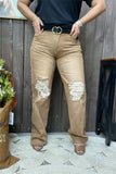 S013 Scratch on the knee tan jean long straight women pants