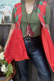 XCH15320 Red/green printed w/red lace irregular bottom with red lining women vest/cardigan